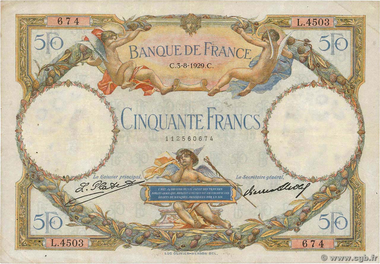 50 Francs LUC OLIVIER MERSON FRANCE  1929 F.15.03 B+