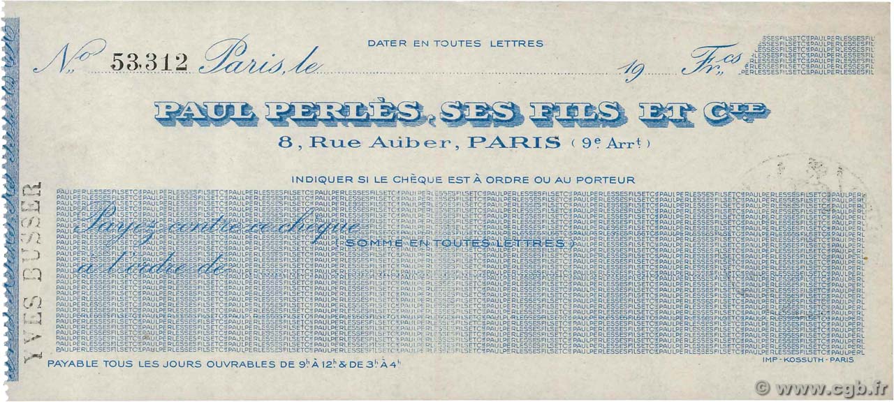 Francs FRANCE regionalismo y varios Paris 1933 DOC.Chèque EBC
