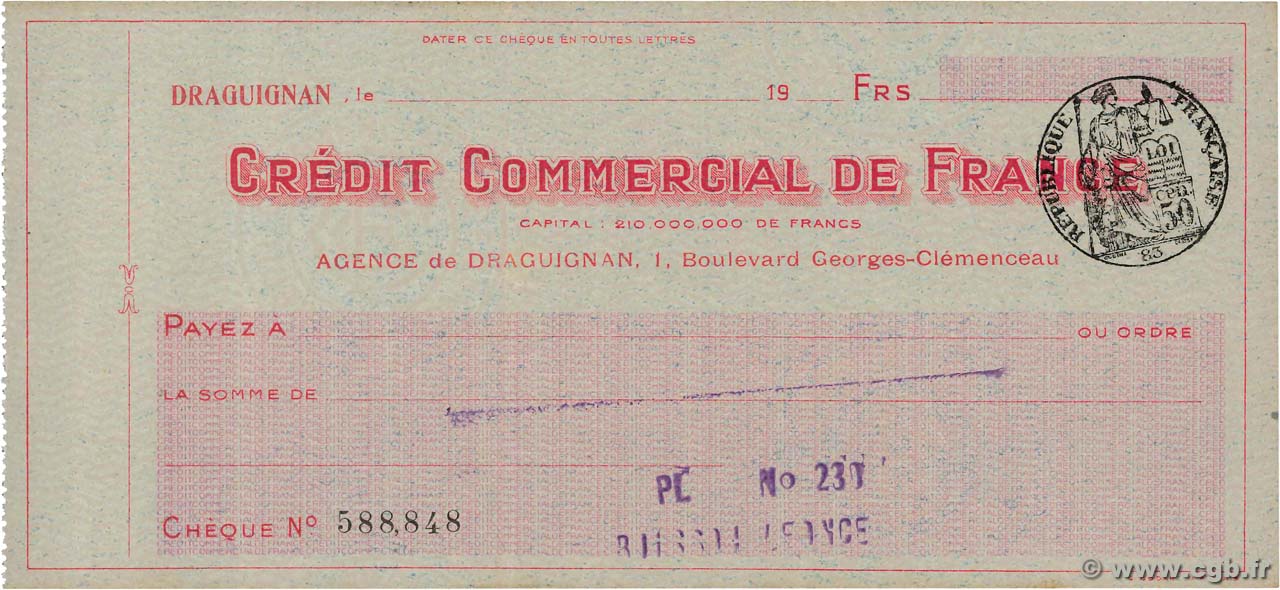 Francs FRANCE regionalismo y varios Draguignan 1933 DOC.Chèque EBC