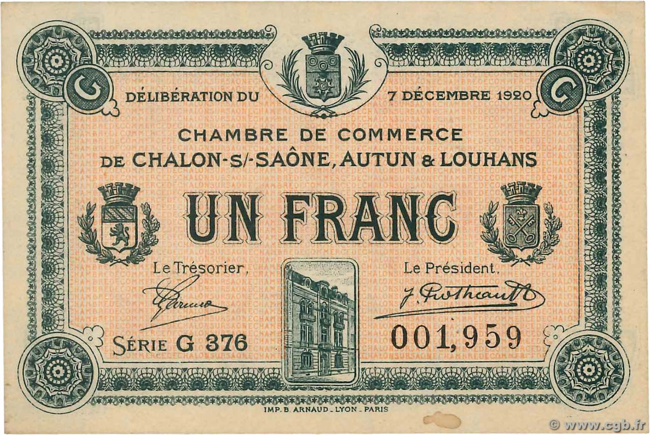 1 Franc FRANCE regionalism and miscellaneous Châlon-Sur-Saône, Autun et Louhans 1920 JP.042.30 AU