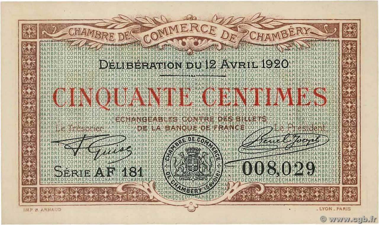 50 Centimes FRANCE régionalisme et divers Chambéry 1920 JP.044.12 NEUF