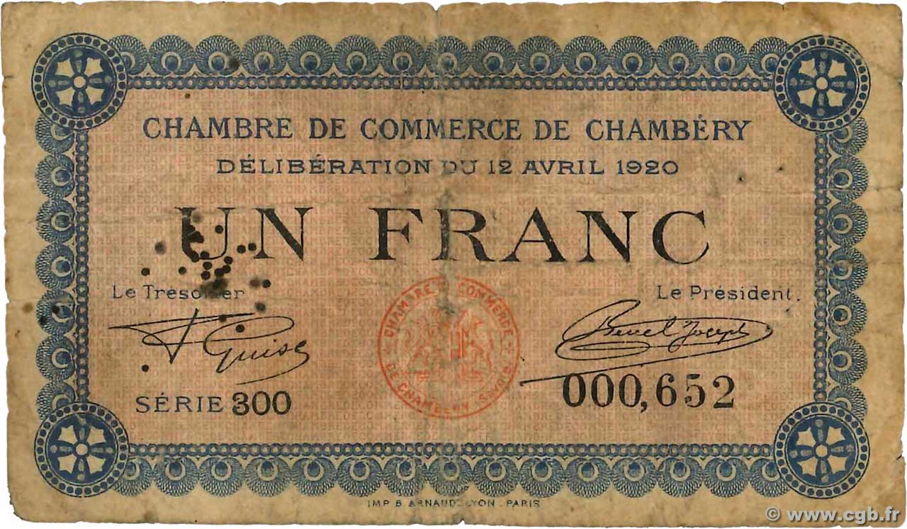 1 Franc FRANCE regionalism and miscellaneous Chambéry 1920 JP.044.14 G