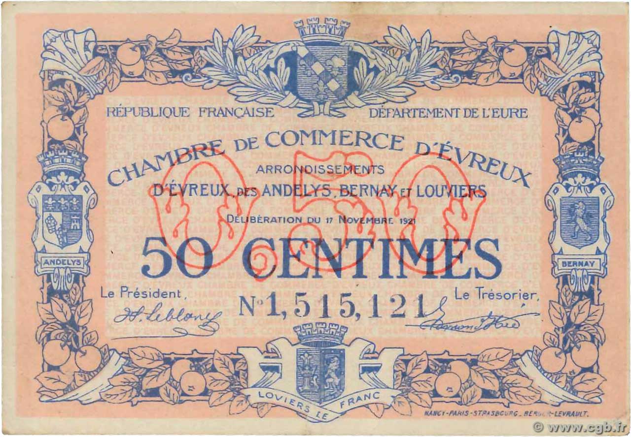 50 Centimes FRANCE régionalisme et divers Évreux 1921 JP.057.21 TTB+