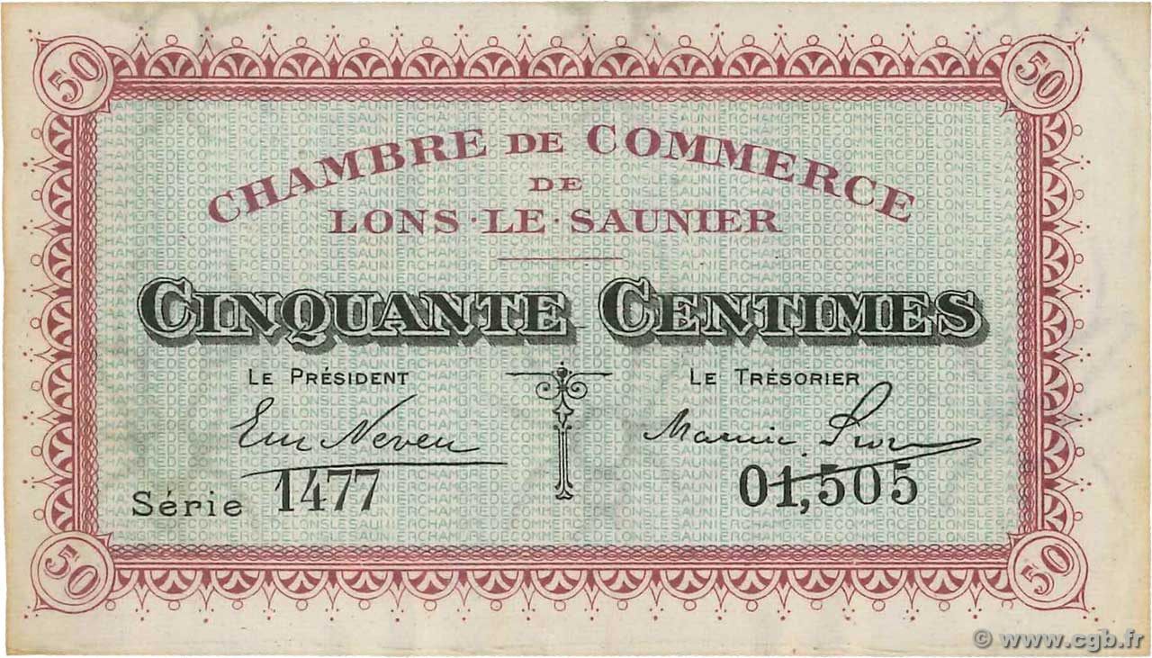 50 Centimes FRANCE regionalism and various Lons-Le-Saunier 1918 JP.074.11 VF