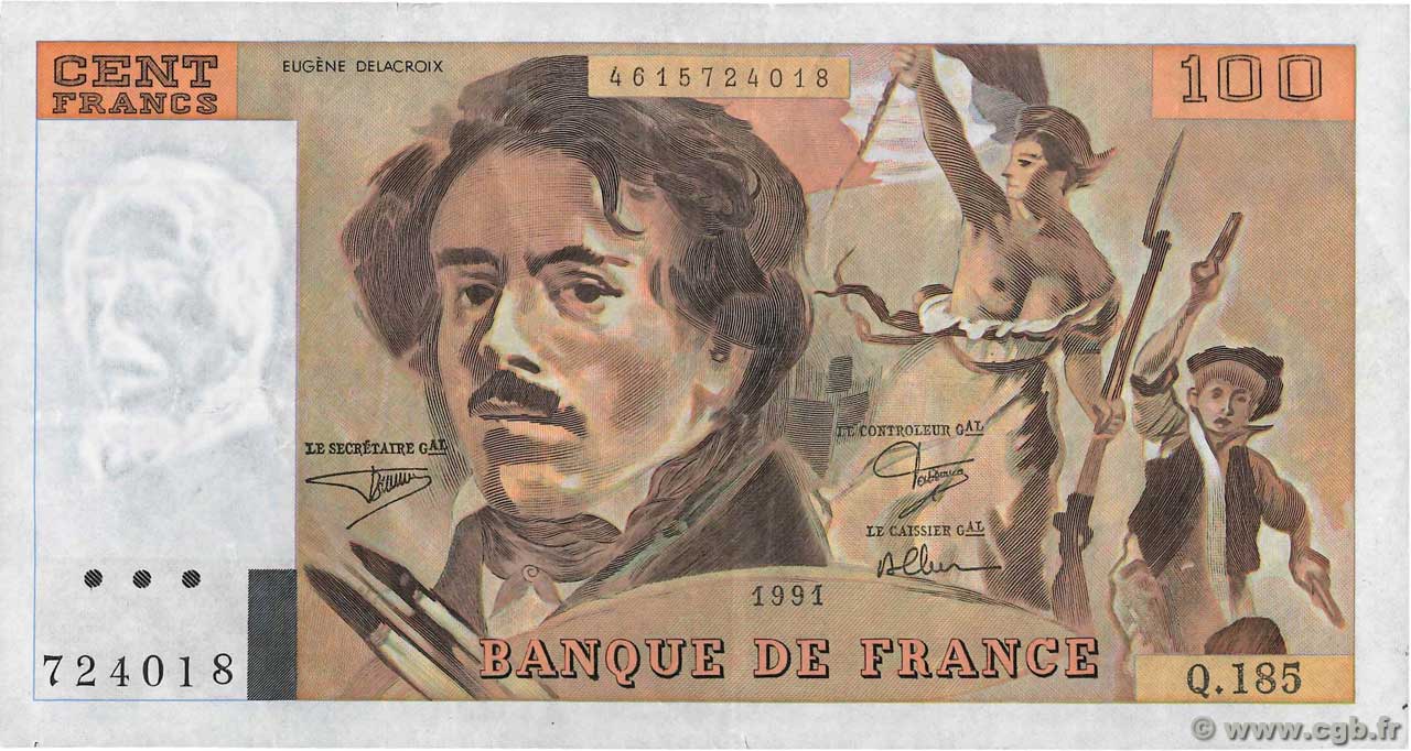 100 Francs DELACROIX imprimé en continu Lot FRANCE  1991 F.69bis.03b2 TTB