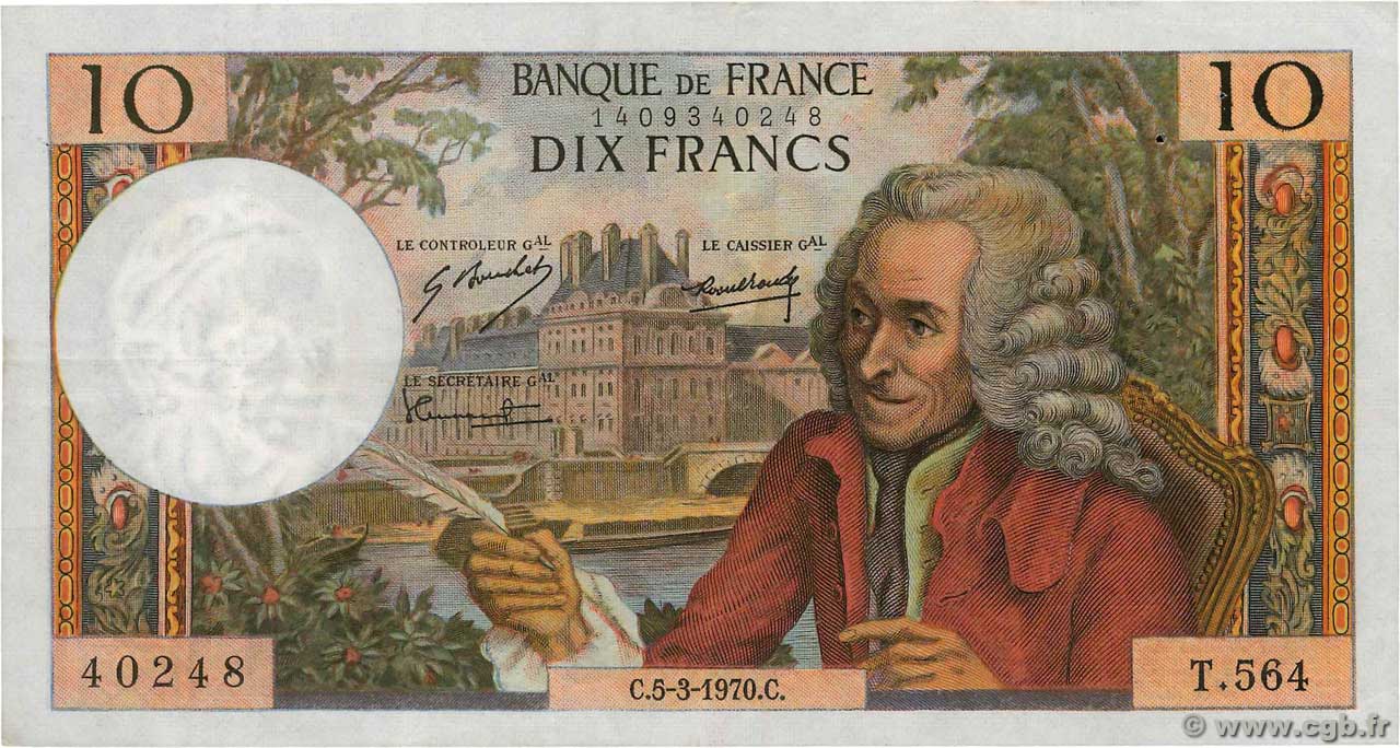 10 Francs VOLTAIRE FRANCE  1970 F.62.43 TTB