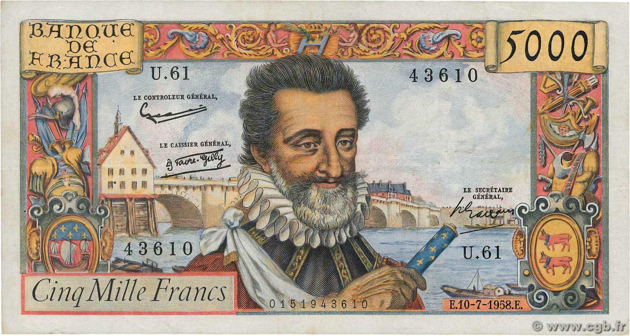 5000 Francs HENRI IV FRANCIA  1958 F.49.07 q.BB