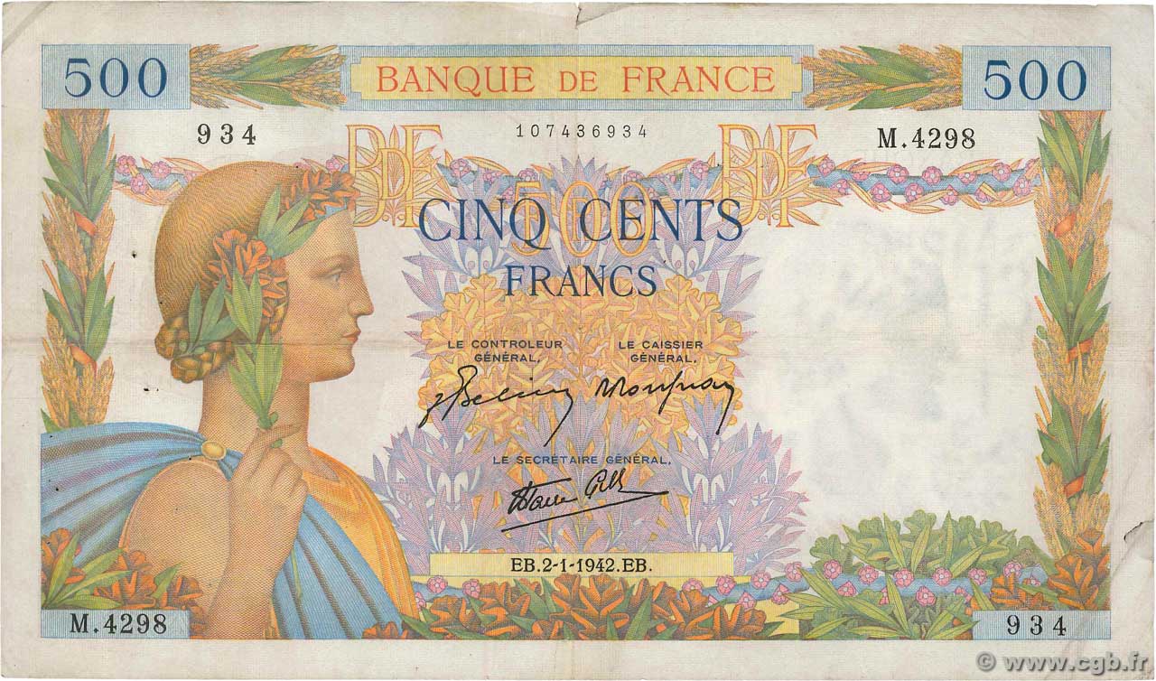 500 Francs LA PAIX FRANCE  1942 F.32.26 TB