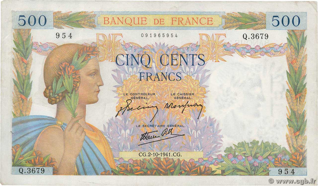 500 Francs LA PAIX FRANCE  1941 F.32.22 pr.TTB