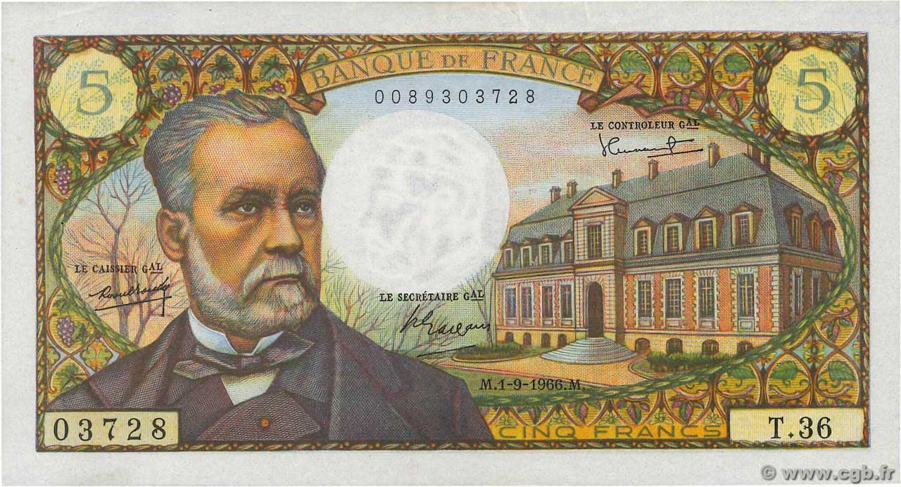 5 Francs PASTEUR FRANCIA  1966 F.61.03 EBC