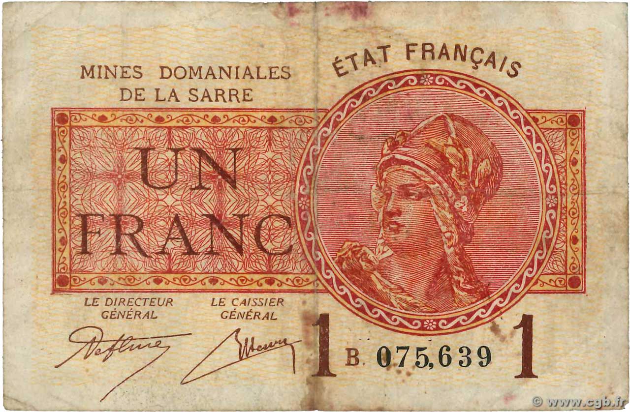 1 Franc MINES DOMANIALES DE LA SARRE FRANCE  1919 VF.51.02 B+