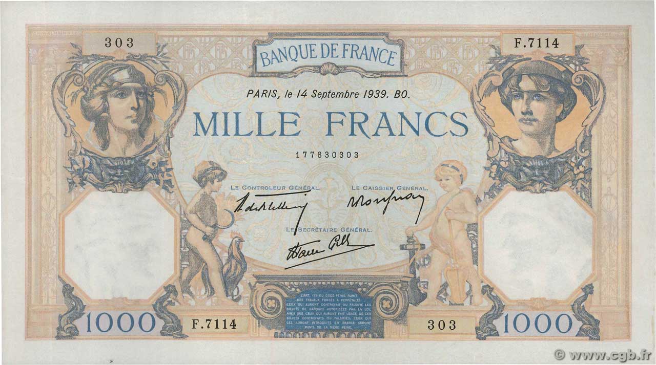 1000 Francs CÉRÈS ET MERCURE type modifié FRANCE  1939 F.38.36 VF