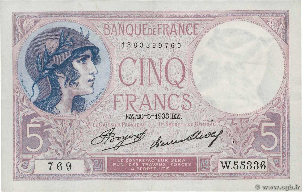 5 Francs FEMME CASQUÉE FRANKREICH  1933 F.03.17 SS
