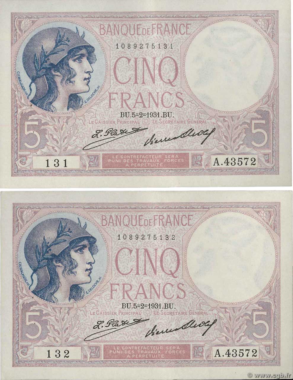 5 Francs FEMME CASQUÉE Consécutifs FRANCIA  1931 F.03.15 EBC