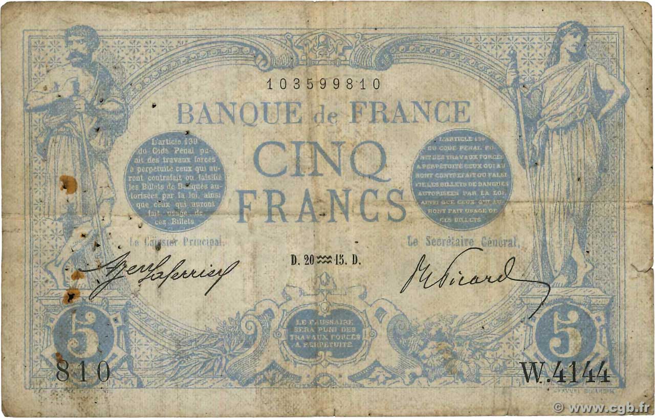 5 Francs BLEU FRANCE  1915 F.02.23 VG