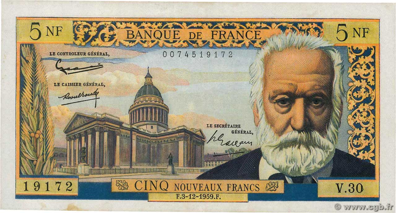 5 Nouveaux Francs VICTOR HUGO FRANCE  1959 F.56.04 SUP