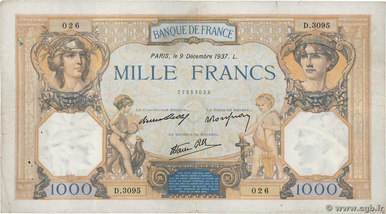 1000 Francs CÉRÈS ET MERCURE type modifié FRANCE  1937 F.38.06 B