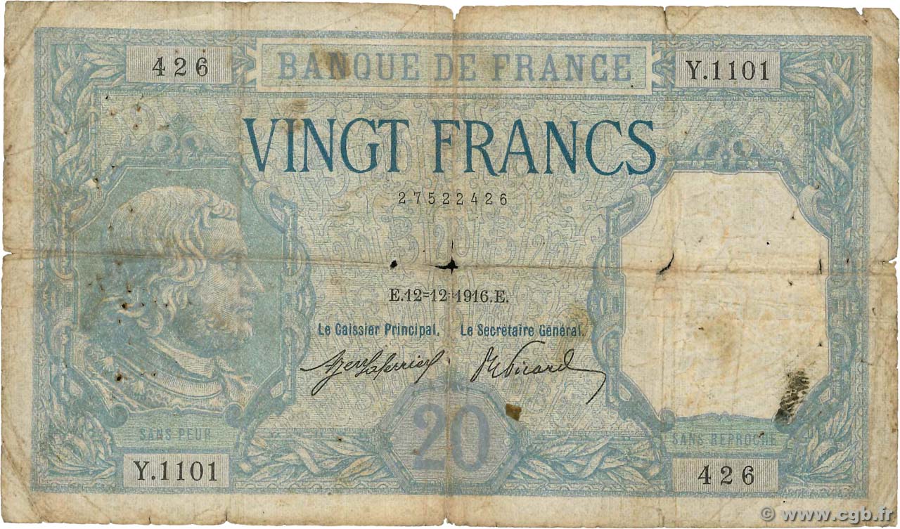 20 Francs BAYARD FRANCE  1916 F.11.01 pr.B