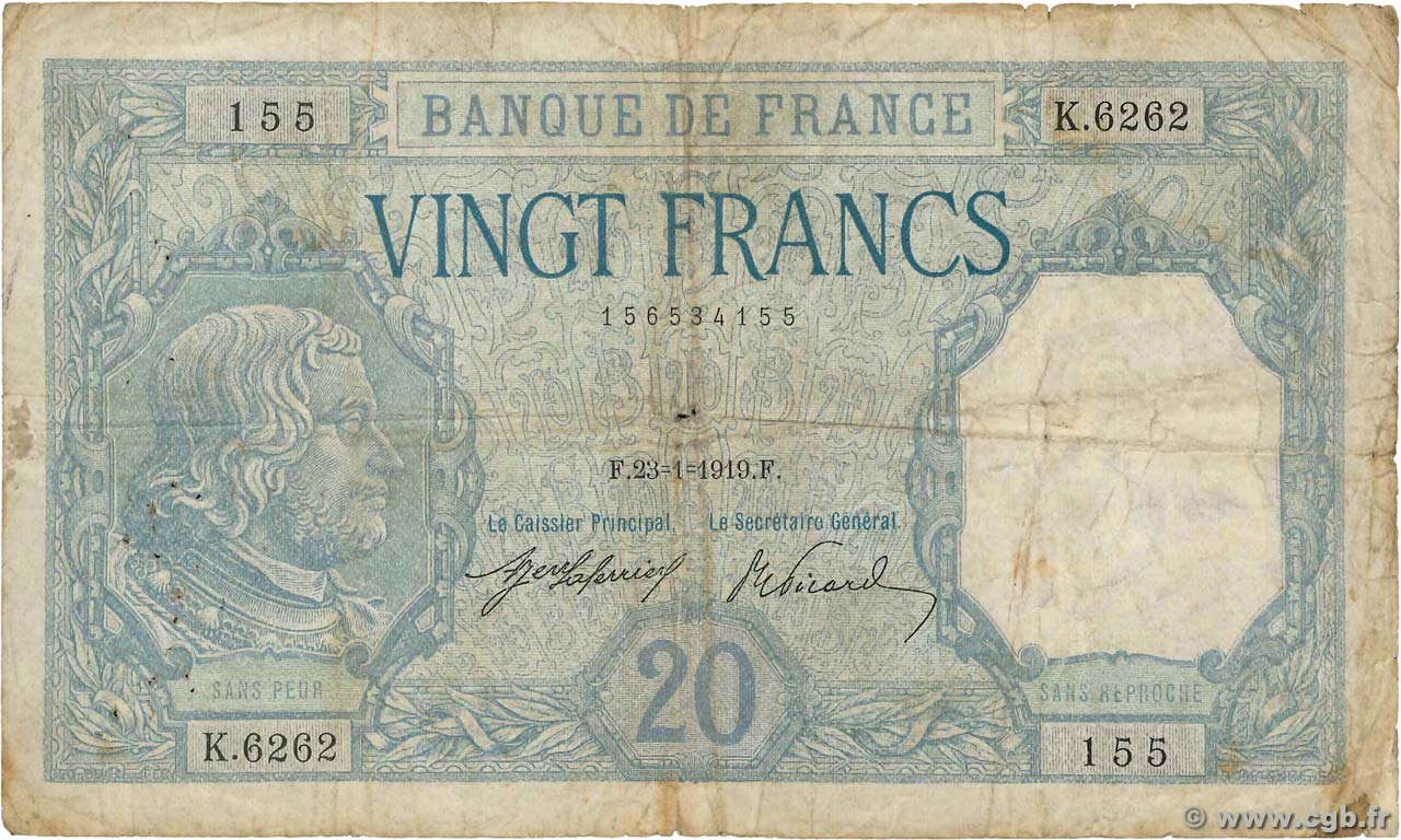 20 Francs BAYARD FRANCE  1919 F.11.04 B