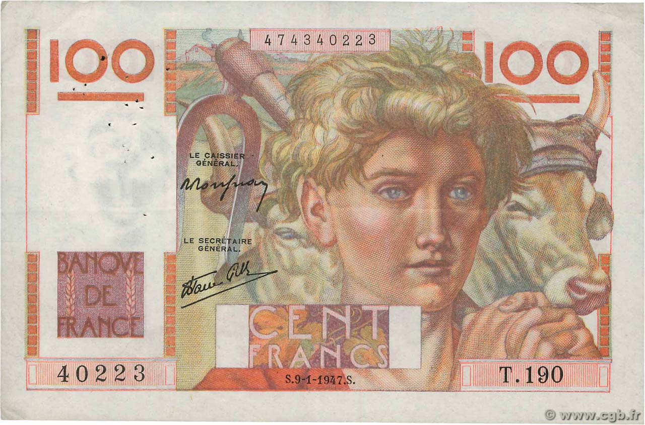 100 Francs JEUNE PAYSAN FRANCE  1947 F.28.13 pr.TTB