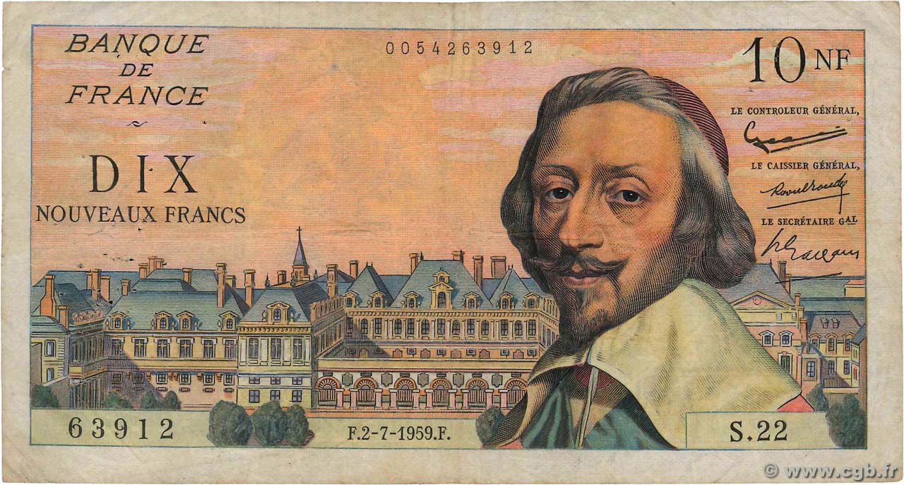 10 Nouveaux Francs RICHELIEU FRANCE  1959 F.57.02 VG