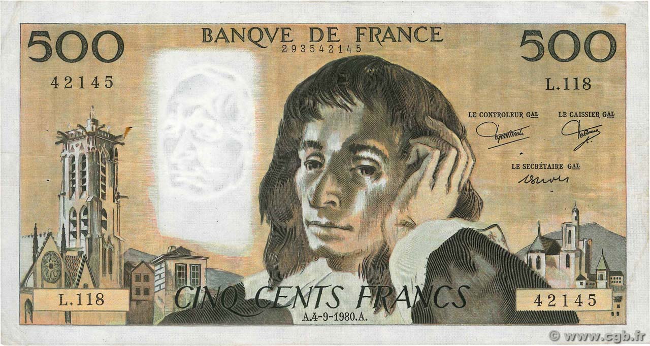 500 Francs PASCAL FRANCE  1980 F.71.22 pr.TTB