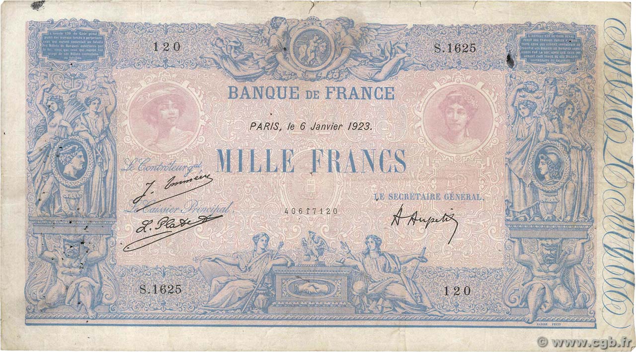 1000 Francs BLEU ET ROSE FRANKREICH  1923 F.36.39 fS