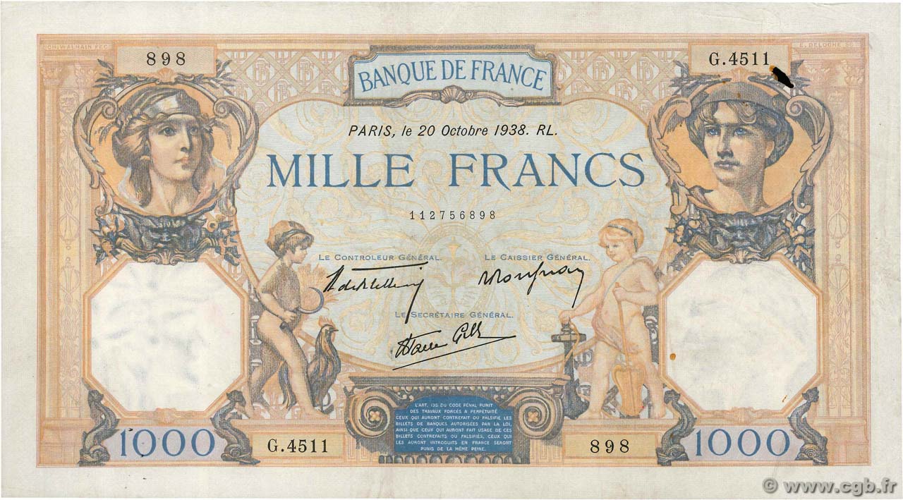 1000 Francs CÉRÈS ET MERCURE type modifié FRANCE  1938 F.38.30 pr.TTB