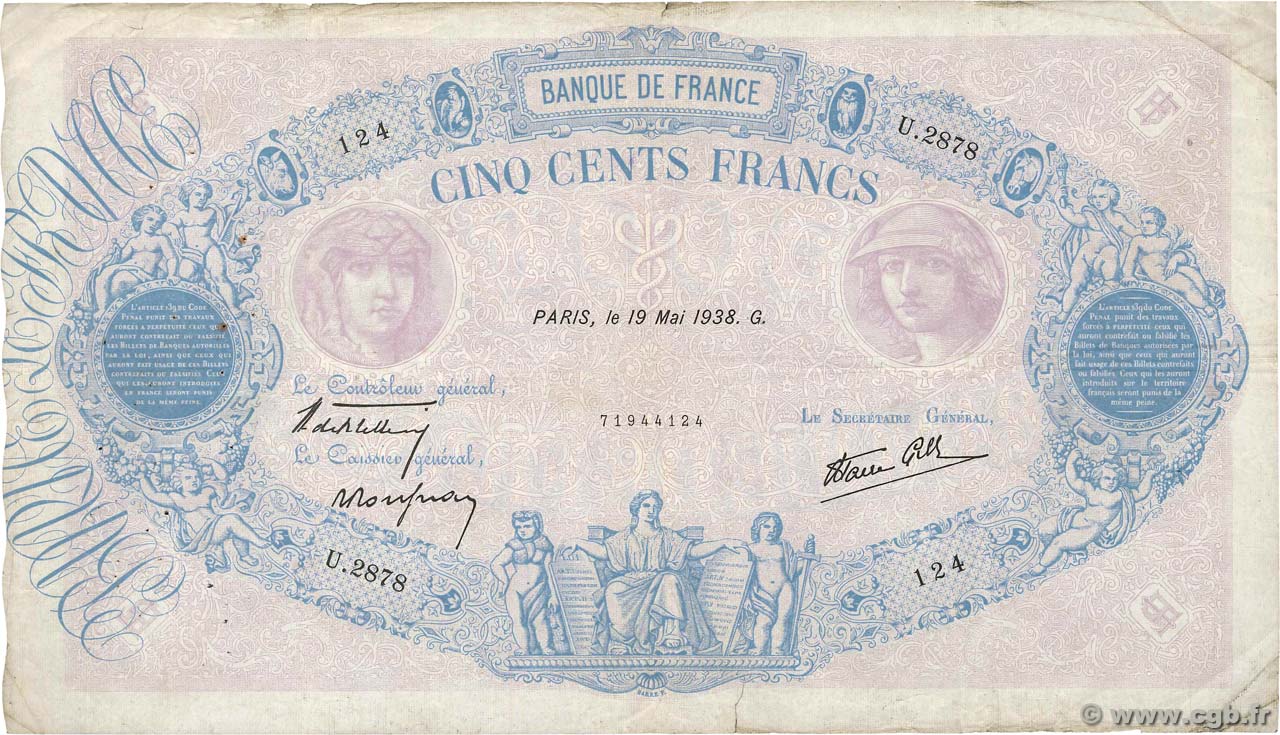 500 Francs BLEU ET ROSE modifié FRANCE  1938 F.31.11 pr.TB