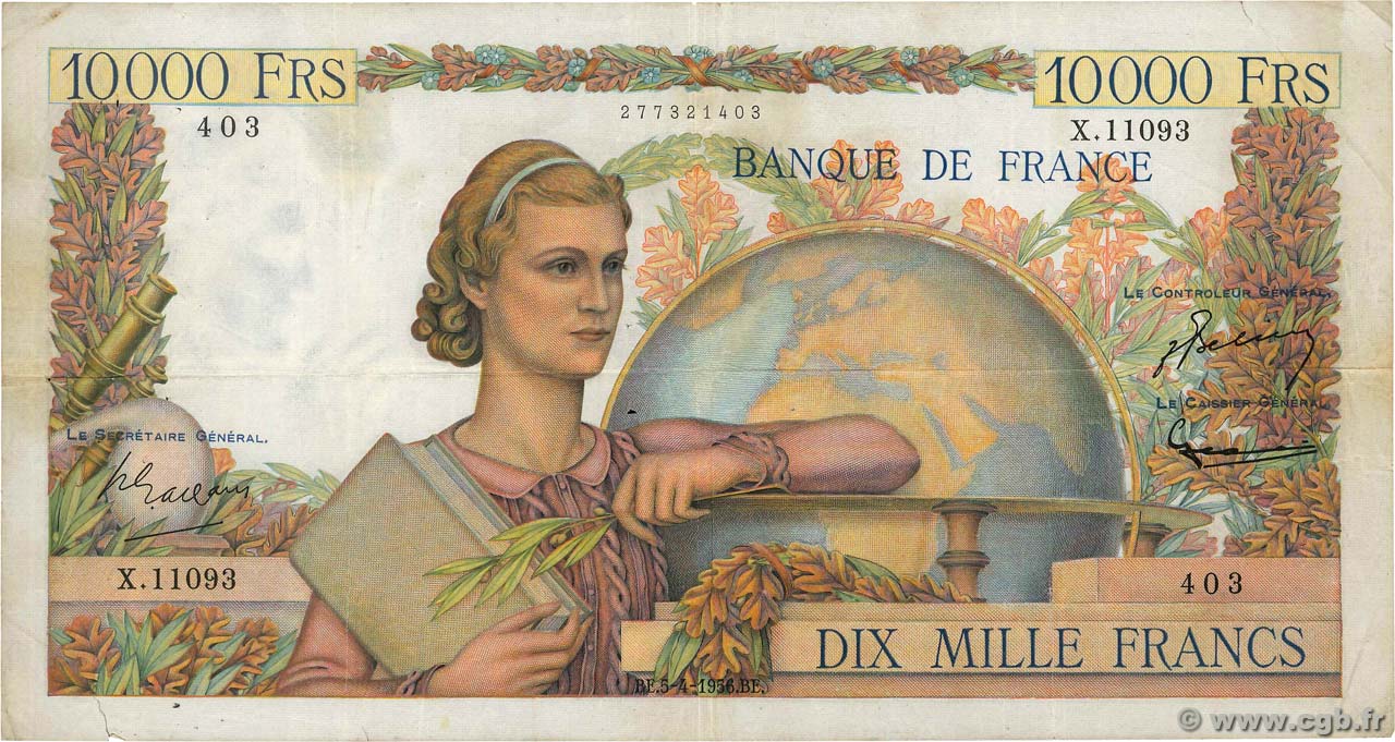 10000 Francs GÉNIE FRANÇAIS FRANCIA  1956 F.50.80 BC