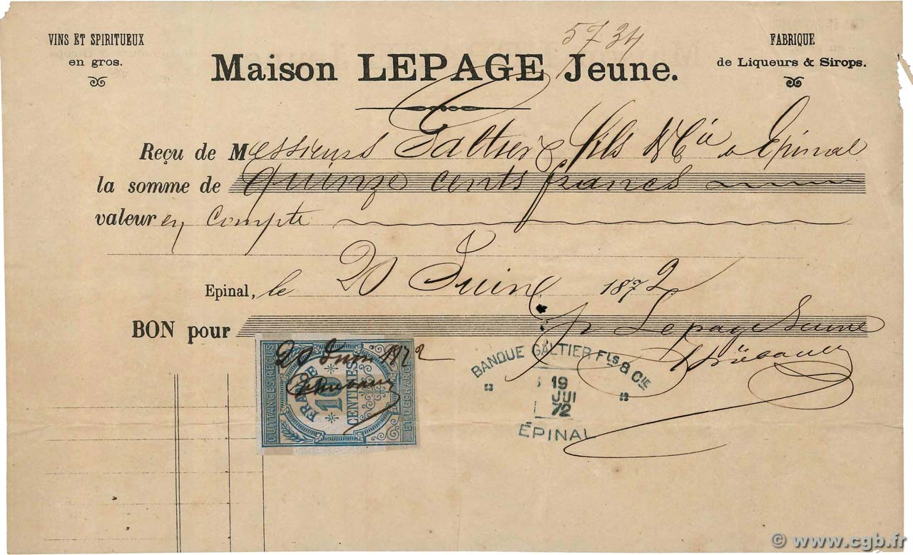 1500 Francs FRANCE régionalisme et divers Épinal 1872 DOC.Reçu TB