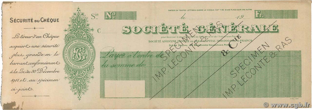Francs Spécimen FRANCE regionalismo e varie Paris 1928 DOC.Chèque SPL