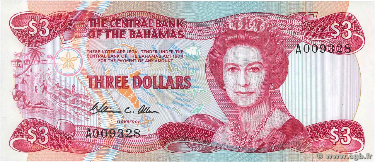 3 Dollars BAHAMAS  1974 P.44a ST