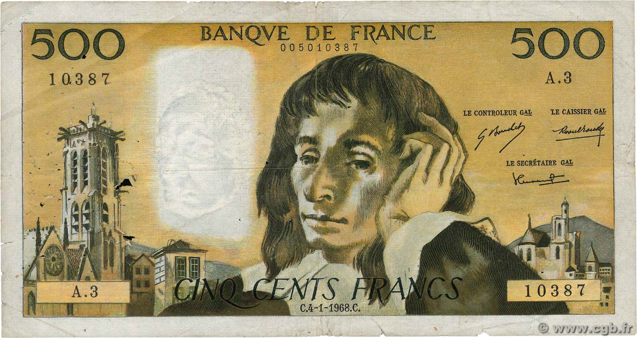 500 Francs PASCAL FRANCE  1968 F.71.01 B
