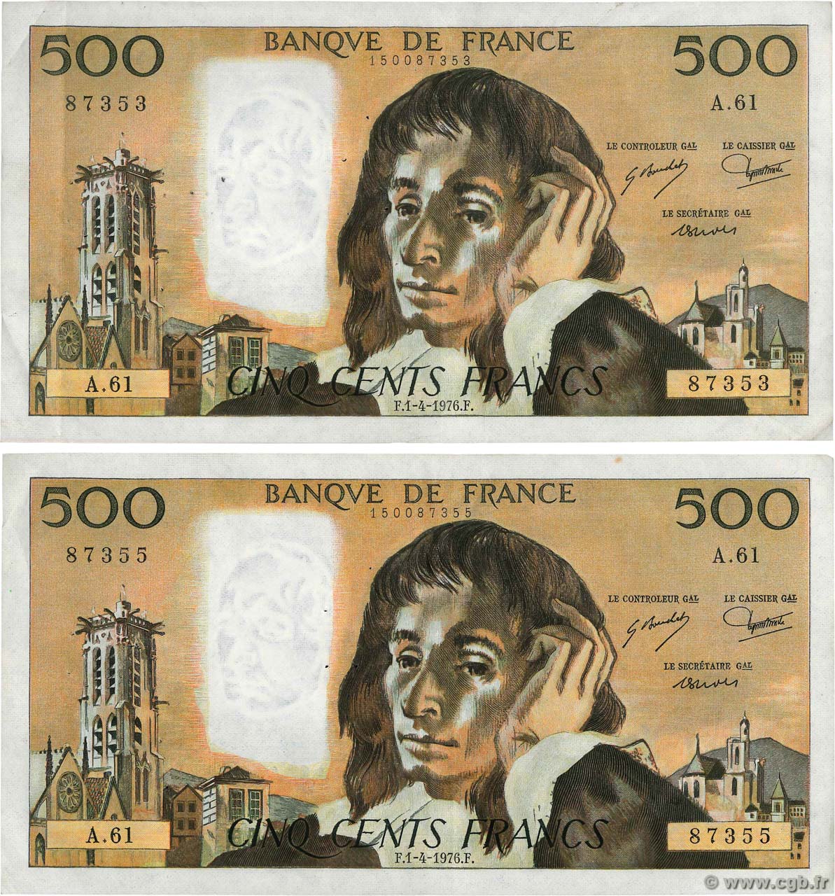 500 Francs PASCAL Lot FRANCIA  1976 F.71.14 q.BB