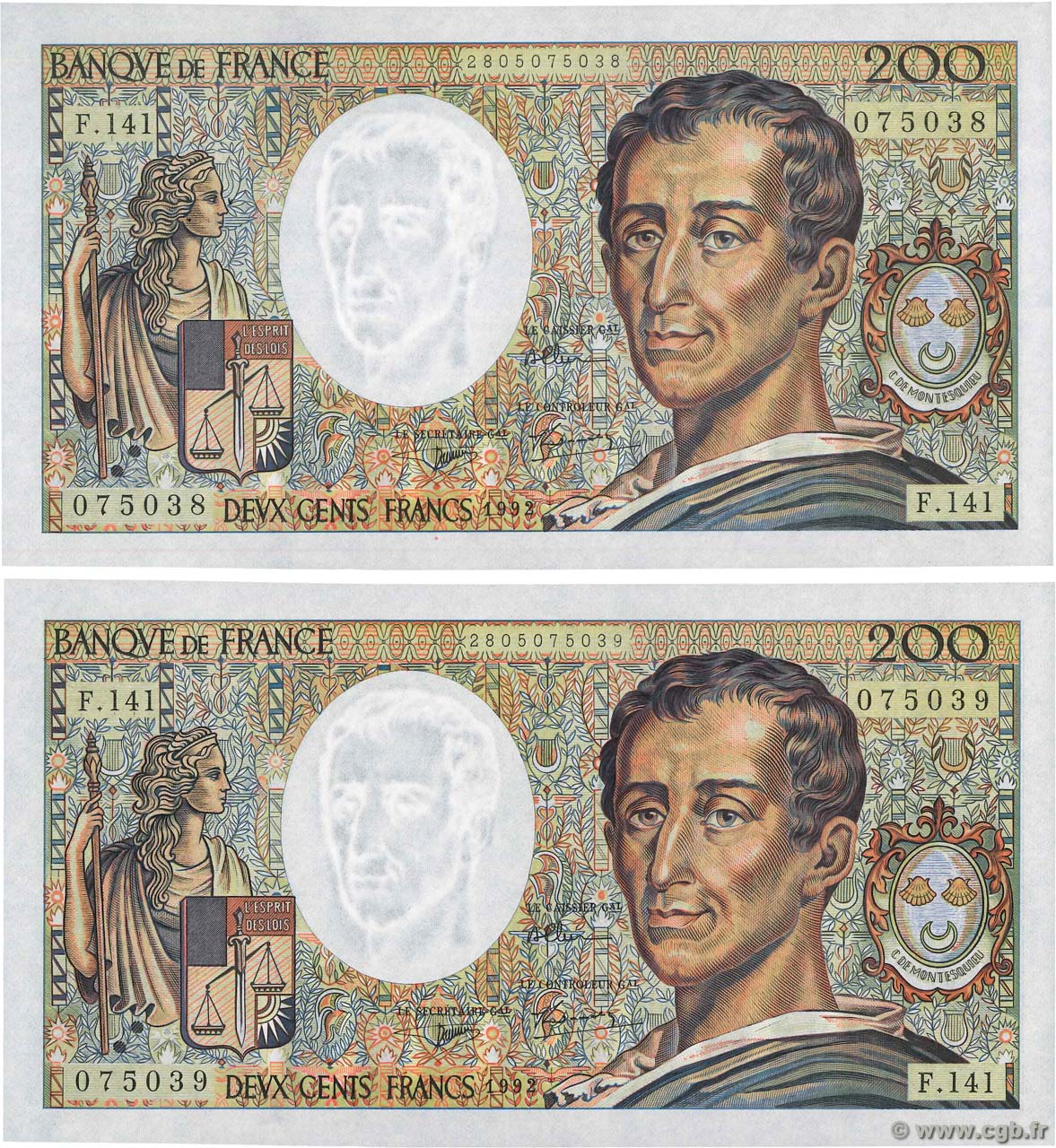200 Francs MONTESQUIEU Consécutifs FRANCE  1992 F.70.12c pr.NEUF