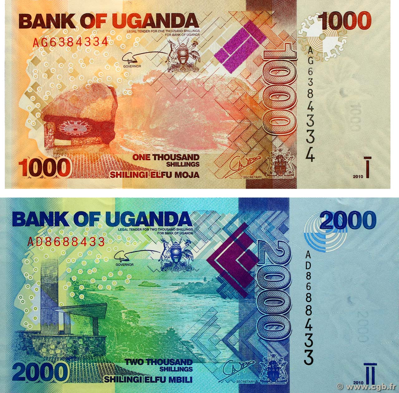 1000 et 2000 Shillings Lot OUGANDA  2010 P.49a et P.50a pr.NEUF