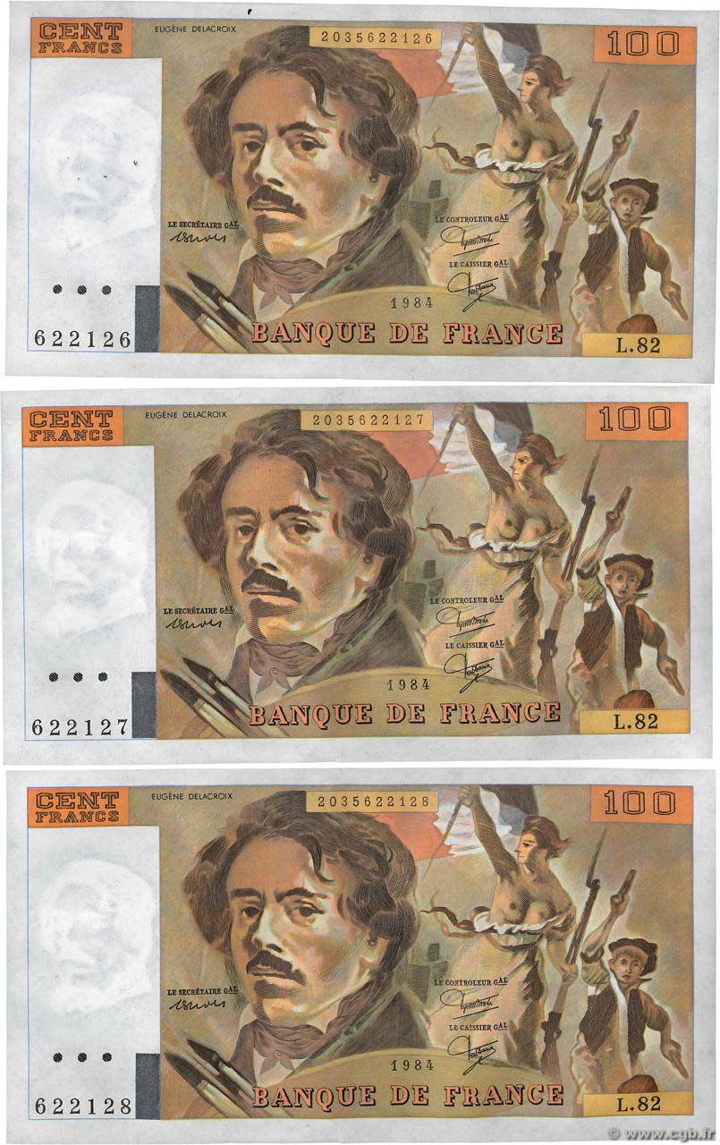 100 Francs DELACROIX modifié Consécutifs FRANCE  1984 F.69.08a pr.SPL