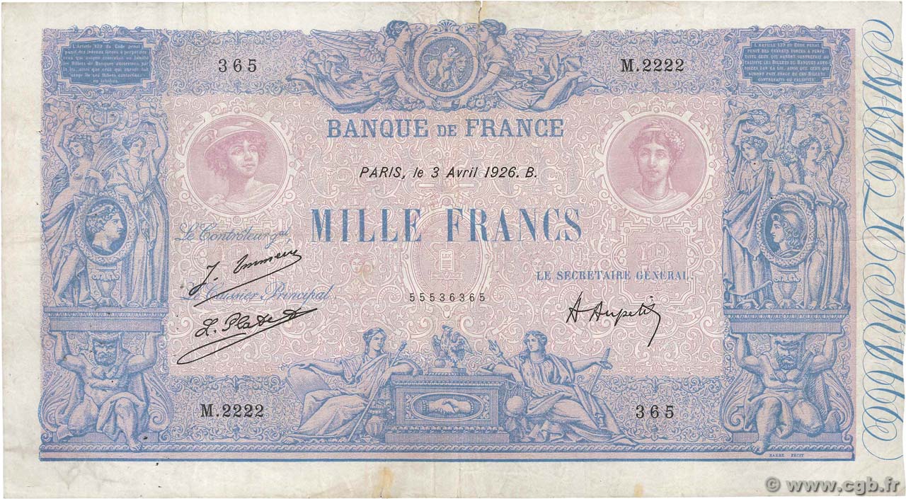1000 Francs BLEU ET ROSE FRANCE  1926 F.36.42 pr.TB