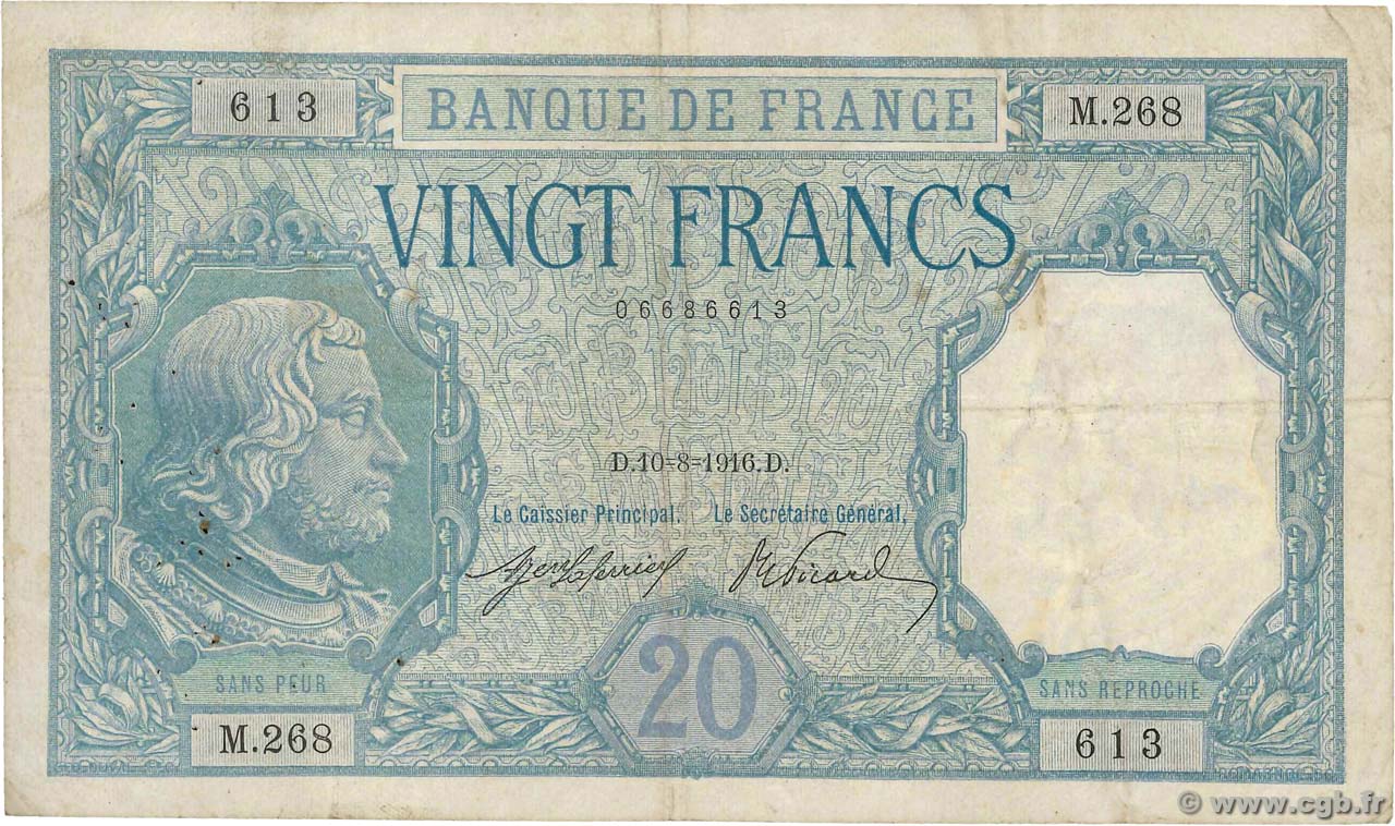 20 Francs BAYARD FRANCE  1916 F.11.01 TB+