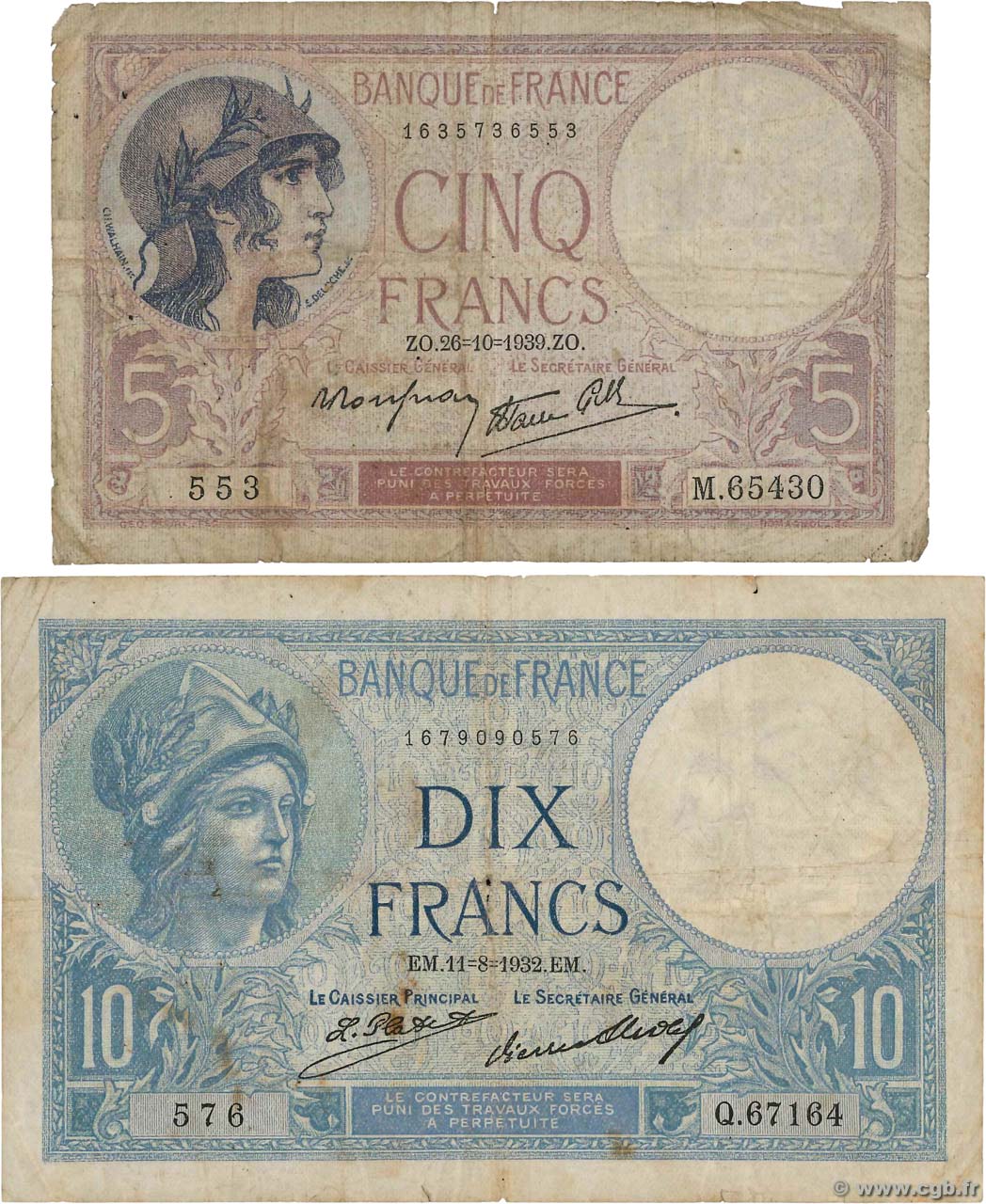 5 Francs FEMME CASQUÉE modifié Lot FRANCE  1939 F.04.13 et F.06.16 B
