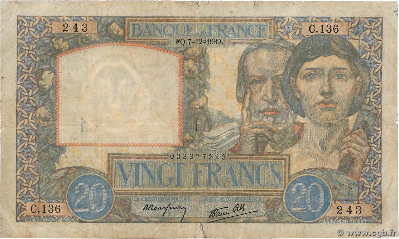 20 Francs TRAVAIL ET SCIENCE FRANCIA  1939 F.12.01 B