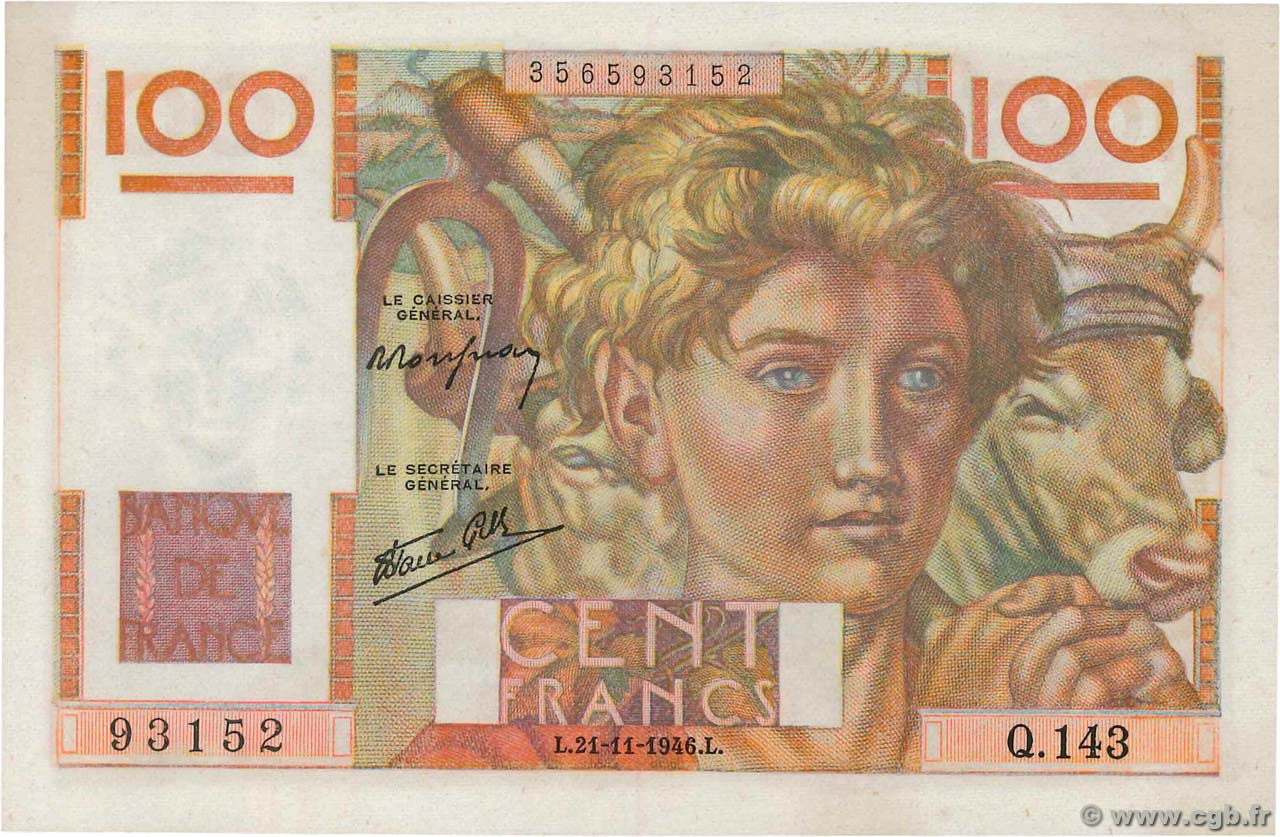 100 Francs JEUNE PAYSAN FRANCE  1946 F.28.11 SPL