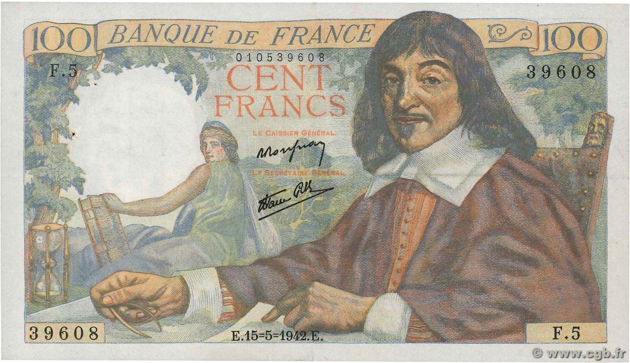 100 Francs DESCARTES FRANCIA  1942 F.27.01 SPL