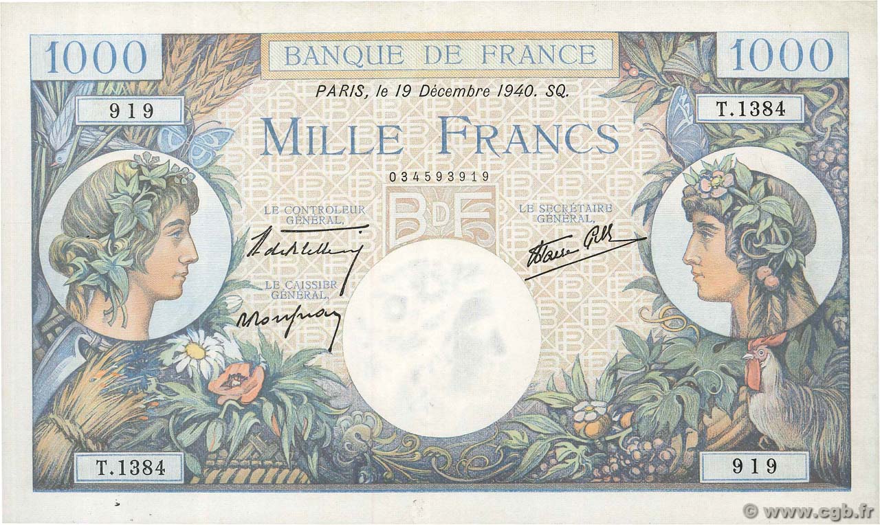 1000 Francs COMMERCE ET INDUSTRIE FRANCE  1940 F.39.03 TTB+