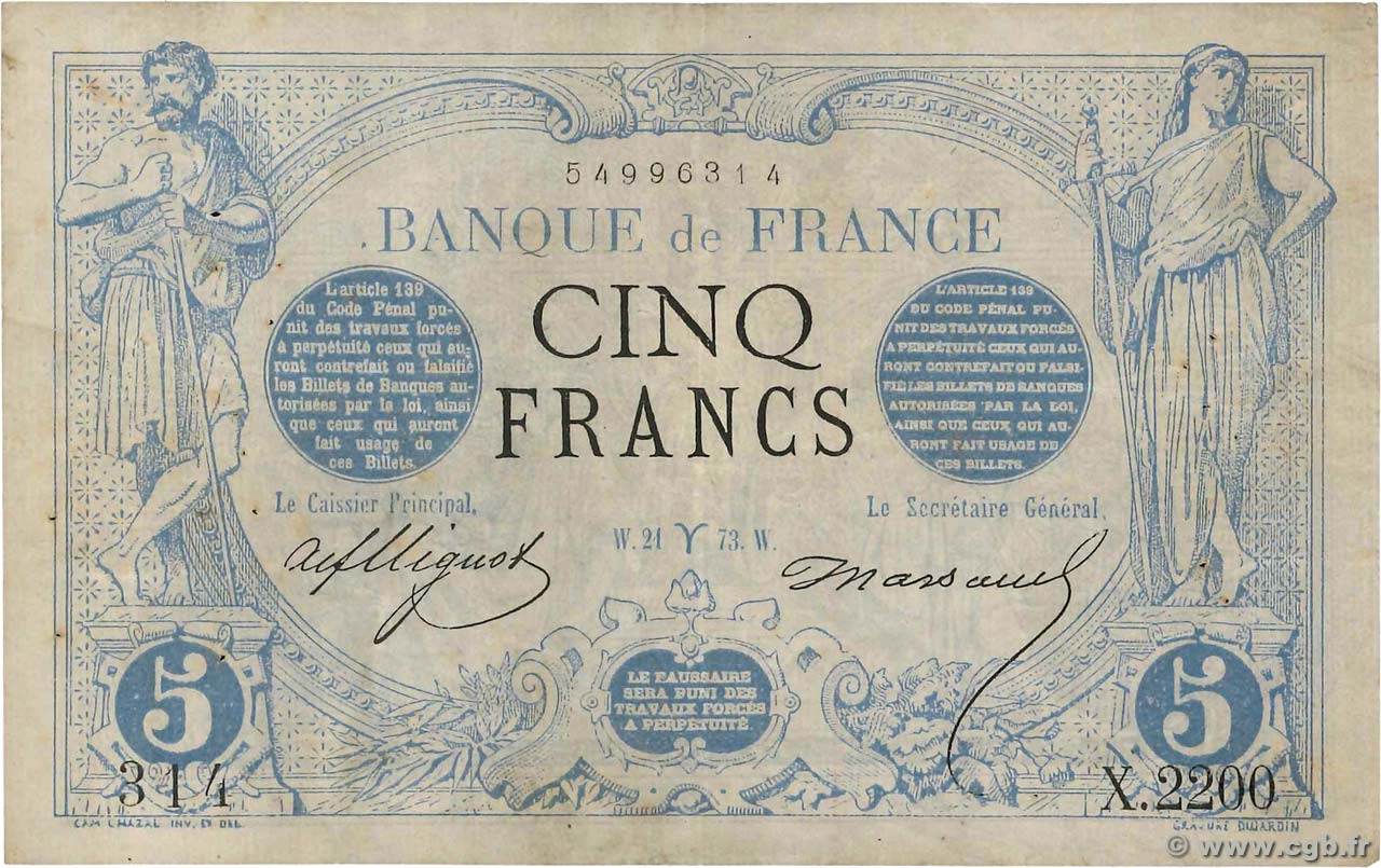 5 Francs NOIR FRANCE  1873 F.01.16 TB