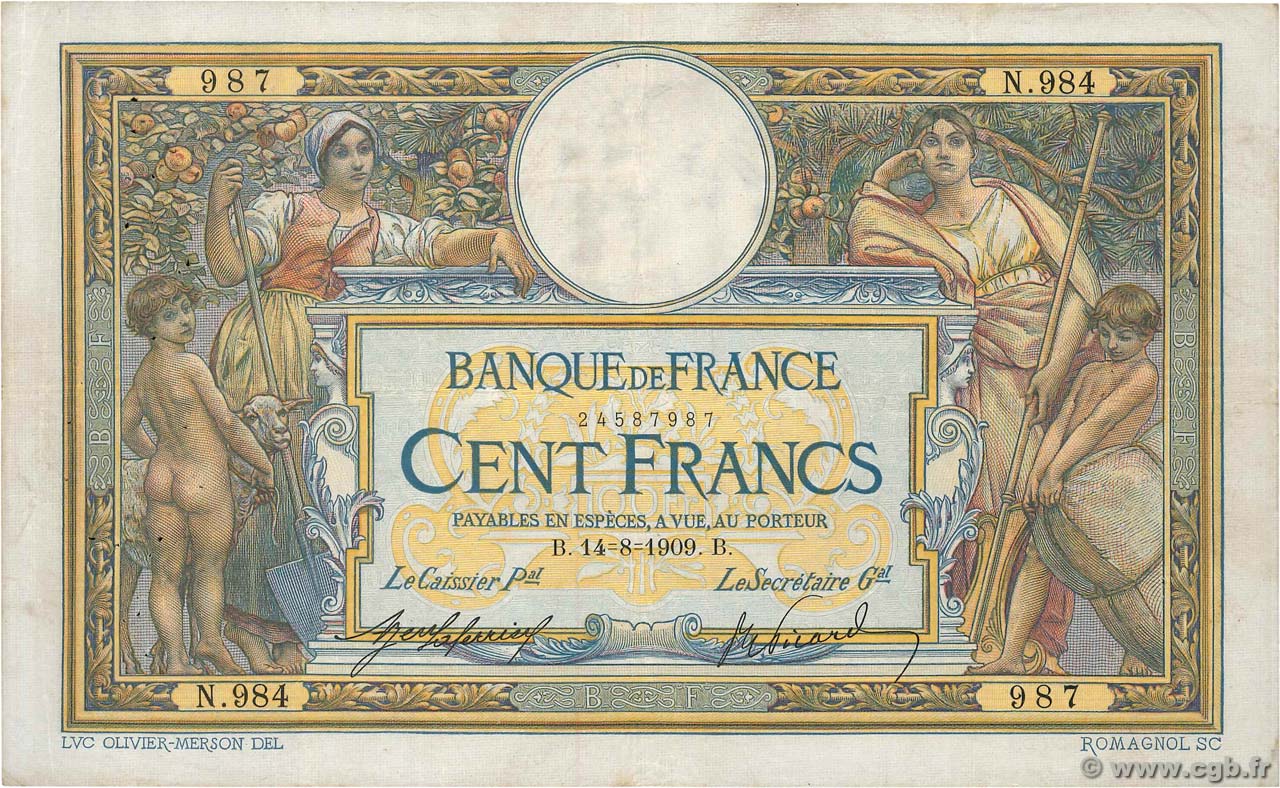 100 Francs LUC OLIVIER MERSON sans LOM FRANCE  1909 F.23.01 TB