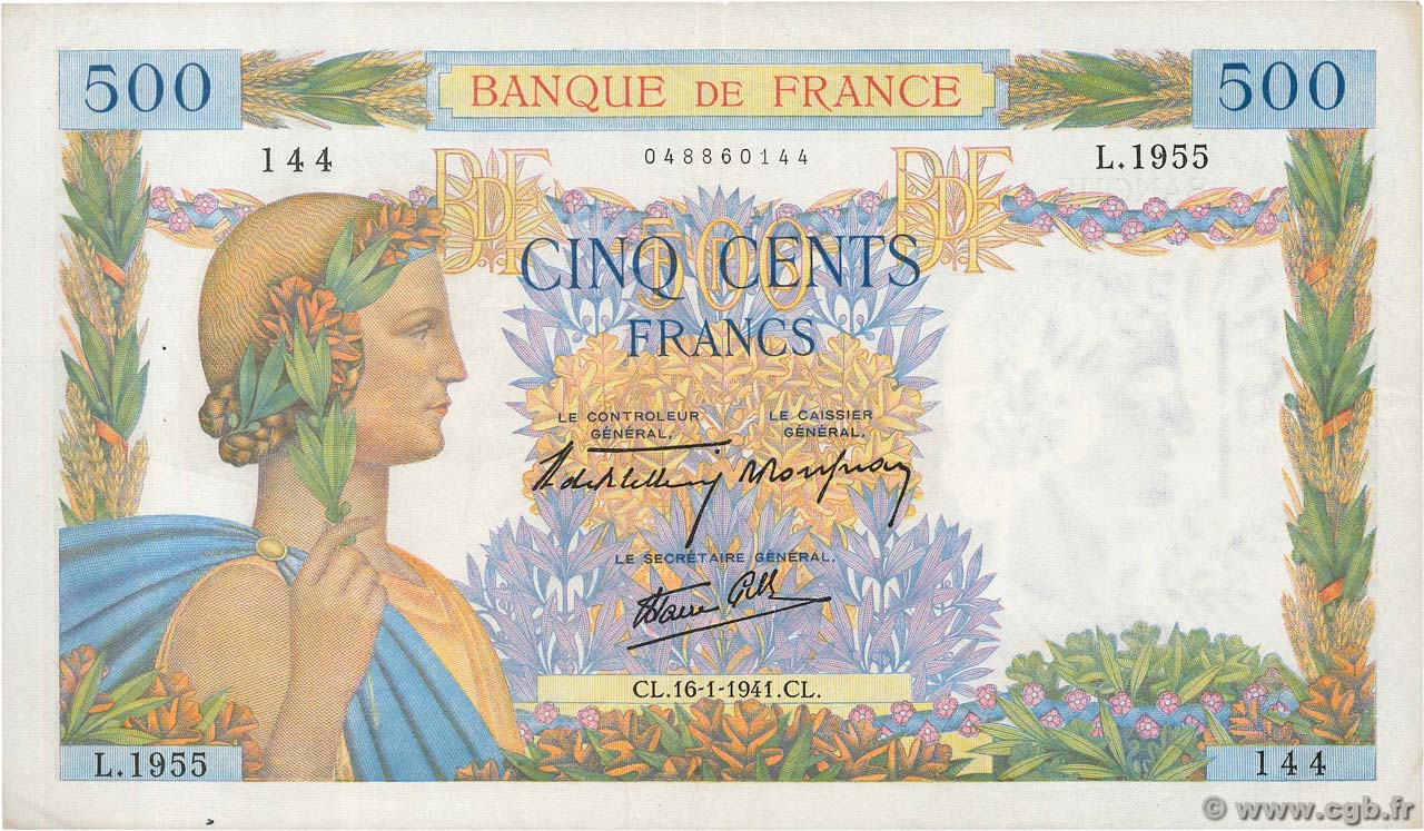 500 Francs LA PAIX FRANCE  1941 F.32.13 TTB+