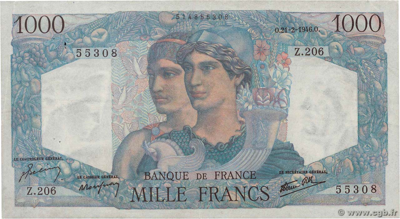 1000 Francs MINERVE ET HERCULE FRANCE  1946 F.41.11 pr.TTB