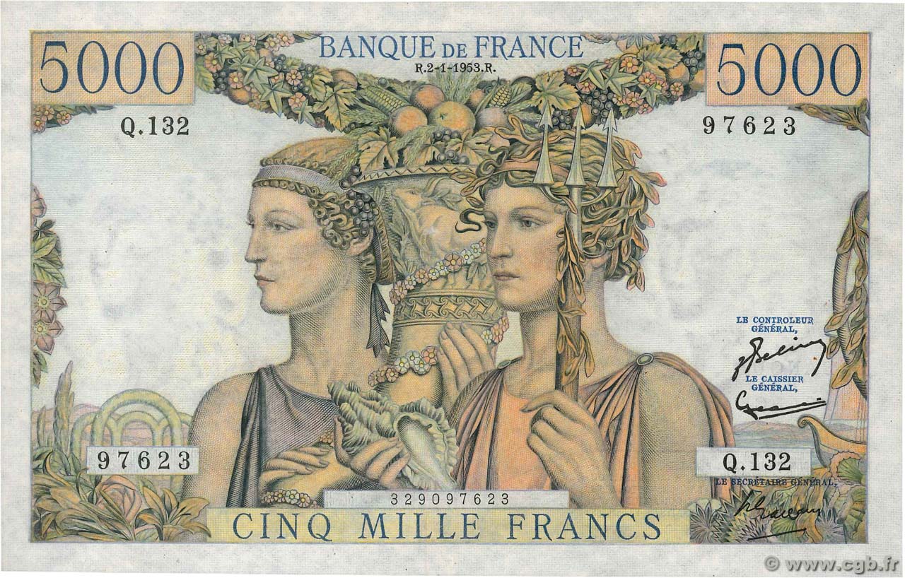 5000 Francs TERRE ET MER FRANCE  1953 F.48.08 VF